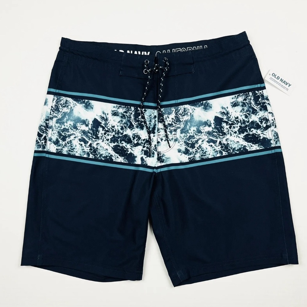 Old Navy Board Shorts Mens 30 Blue White Color Block 8" Inseam Beach Swim Resort